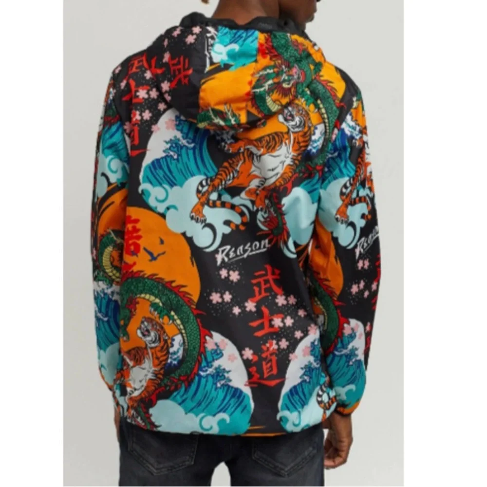 Reason Clothing Kanji Japan Print Dragon Half-Zip Anorak Hoodie Jacket Sz Medium